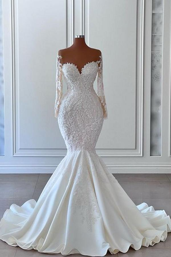 Gorgeous Long Sleeve White Mermaid Bridal Dress with Sweetheart Neck for Garden Weddings