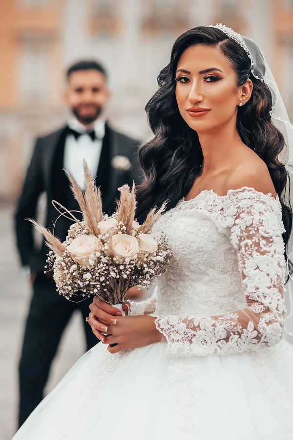 Gorgeous White Long Sleeve Lace Ball Gown with Floral Tulle
