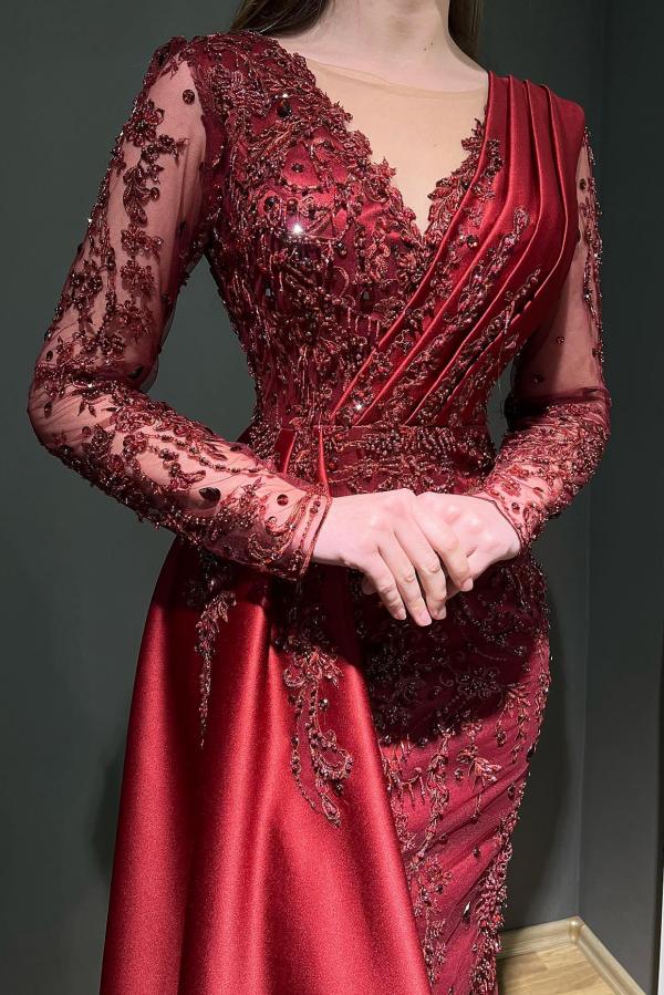 Designer Long Wine Red Evening Dresses | Lace Prom Dresses with Sleeves
