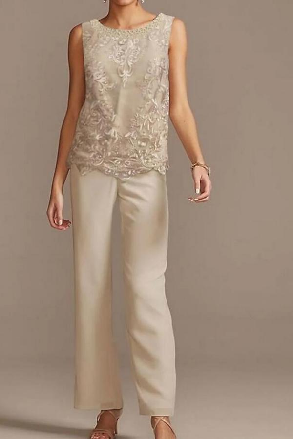 Chiffon Mother of the Bride Dress Scoop Neck Floral Lace Jumpsuit Wedding Guest Dress