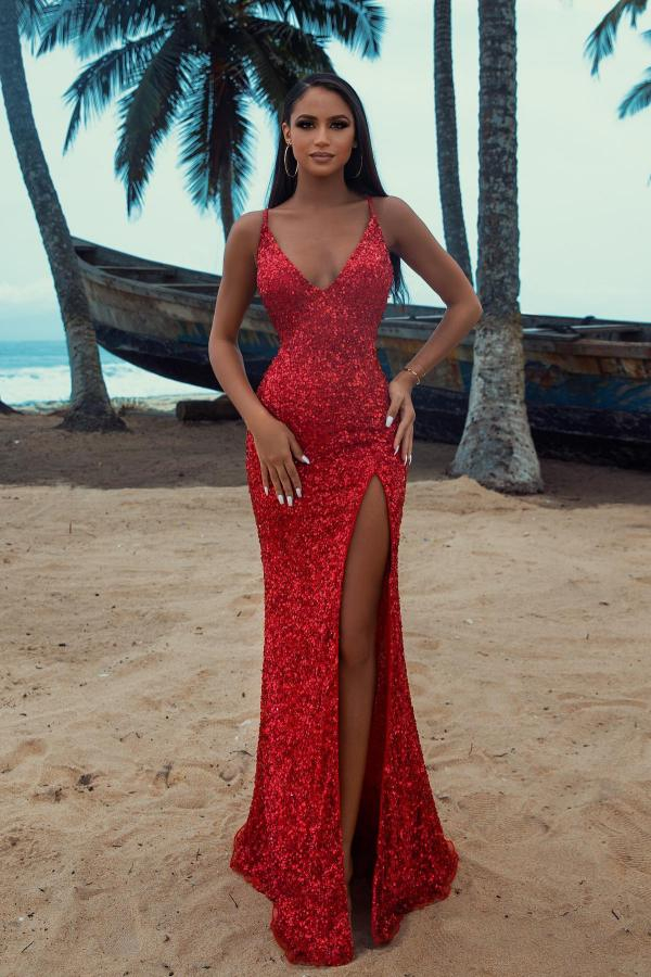 Sexy Glitter Sequins Mermaid Prom Dress V-Neck Slim Evening Dress
