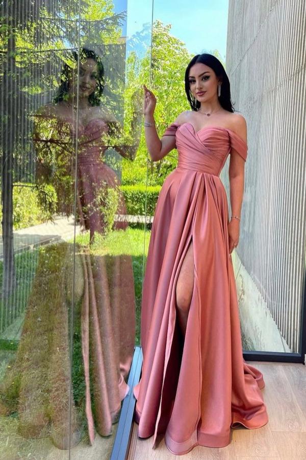 Off-the-Shoulder Ruched Satin Long Evening Party Dress | Side Split