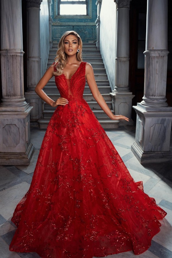 Red V-Neck A-Line Prom Dress | One Shoulder