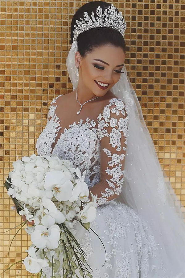 Luxury Beaded Lace Mermaid Wedding Dress with Sleeves and Sheer Tulle Appliques