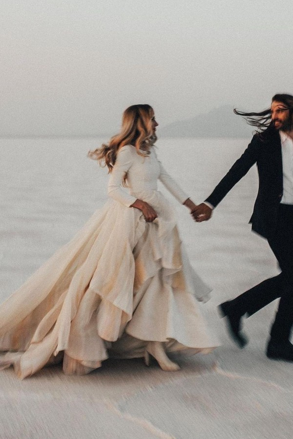 Designer A-Line Long Train Belted Sleeve Wedding Dress