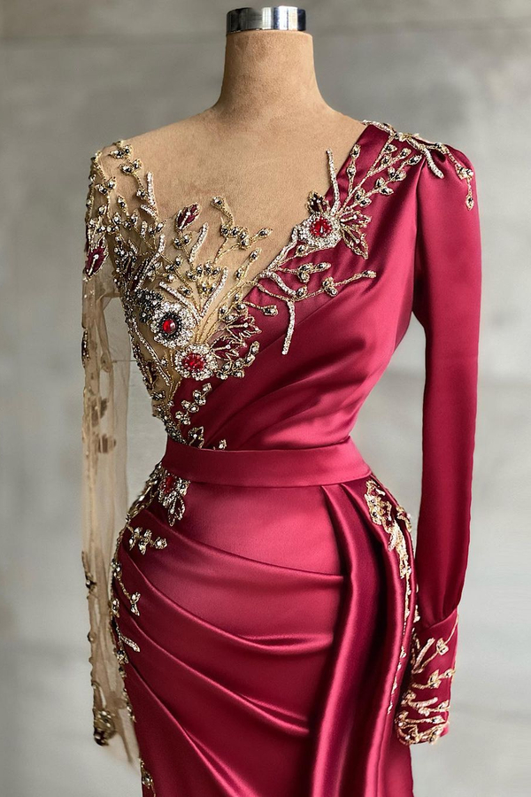 Charming Satin Evening Dress with Side Sweep Train | Long Sleeve Prom Dress