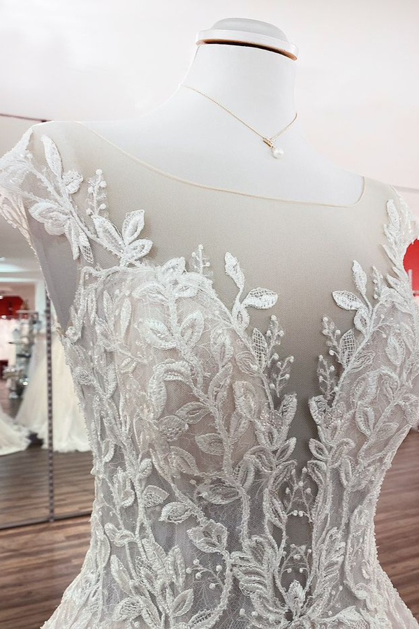 Vintage A-Line Wedding Dress with Lace Appliques, Jewel Tulle Ruffles, and Long Train