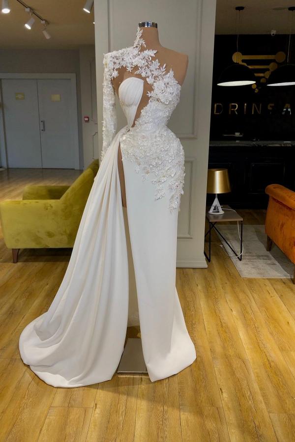 Elegant Long White Evening Dress | Lace Prom Dress