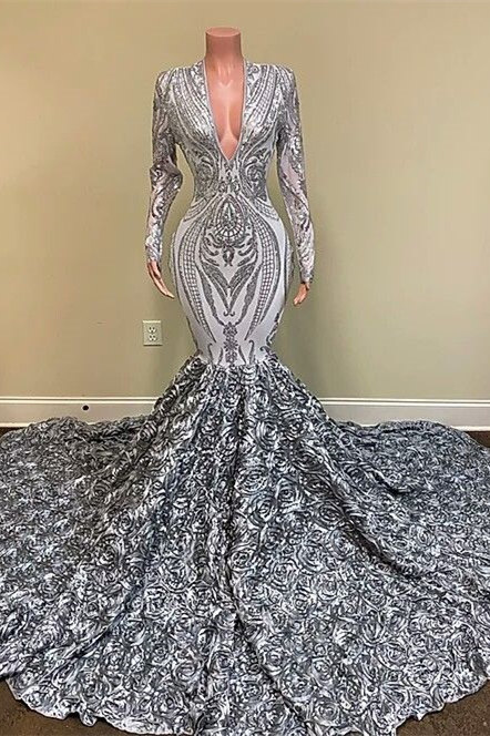 Silver Long Sleeves Sequin Floor-Length Prom Dress with Flowers