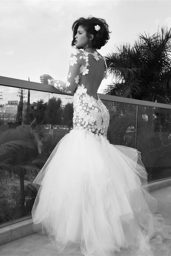 White Sexy Mermaid Tulle Long Bridal Gown with Long Sleeves and Backless Design