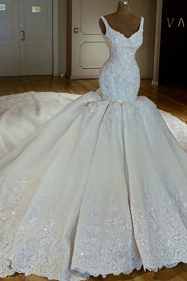 Shiny Mermaid Beaded Lace Strap Applique Wedding Dress