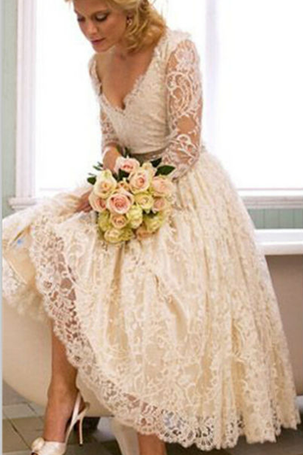 A-Line V-Neck 3/4 Long Sleeve Lace Wedding Dress with Tea Length and Plus Size Design