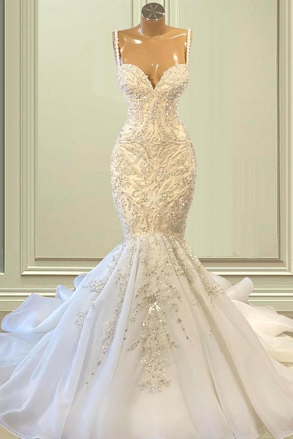 Elegant Mermaid Lace Spaghetti Strap Heart-Neck Wedding Dress