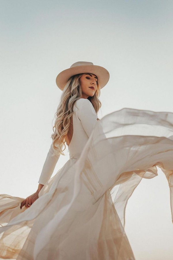 Designer A-Line Long Train Belted Sleeve Wedding Dress