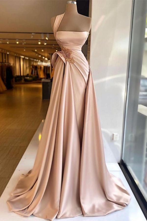 Glamorous Beaded Sleeveless Satin Prom Dress