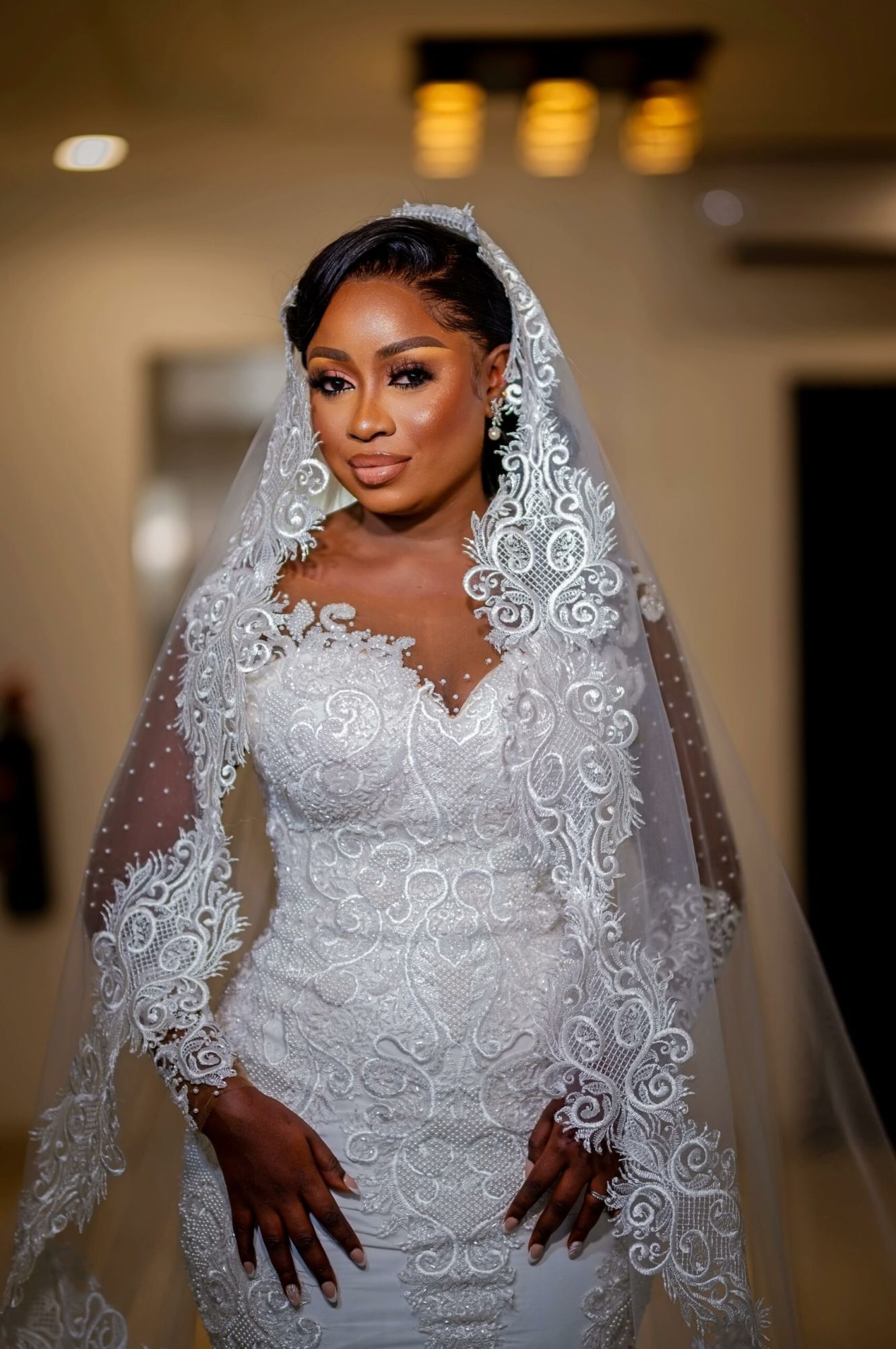 Gorgeous Mermaid Bridal Gown with Long Sleeves Pearls Lace Appliques Wedding Dress