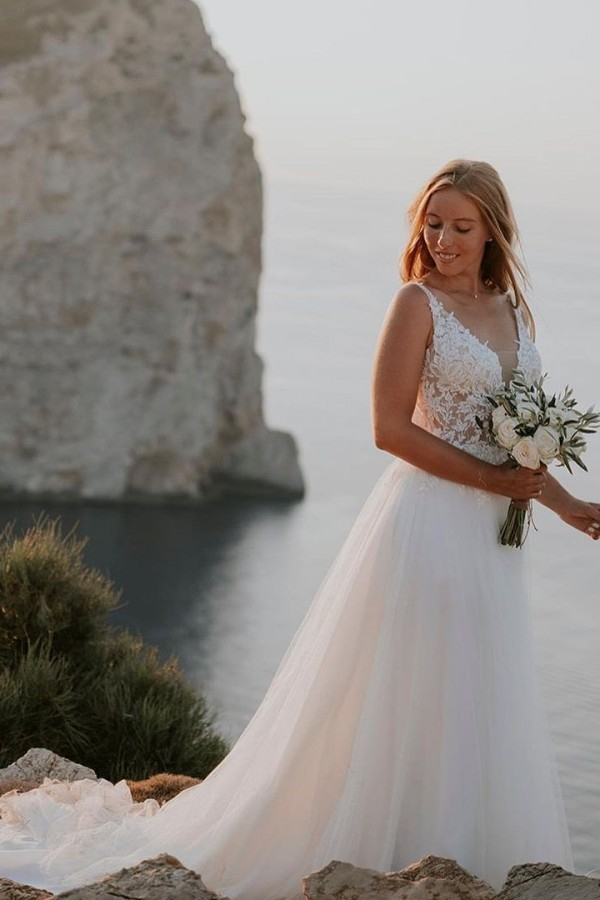 Sheer A-Line Wedding Dress | Boho Lace Wedding Dress