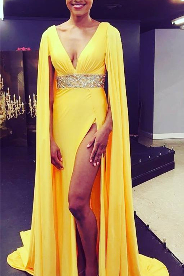 Deep V-Neck Open Back Evening Dress | Yellow Slit Formal Dress with Cape