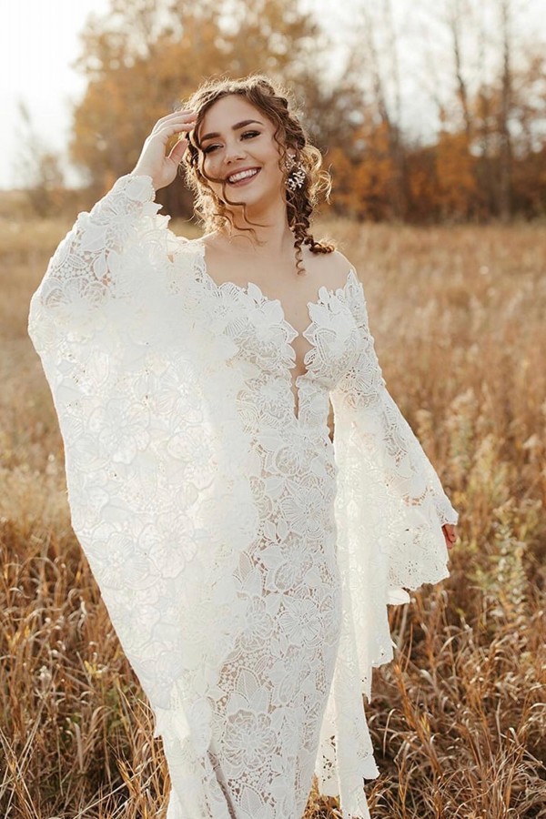 Long wide sleeves v-neck lace column wedding dress