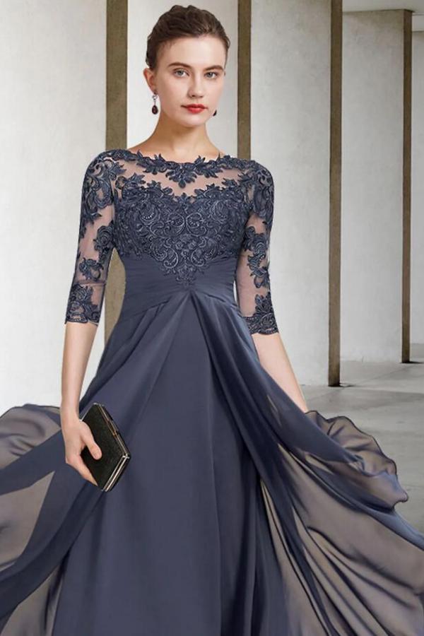 Elegant Half Sleeves Scoop Neck Mother of the Bride Dress Chiffon Lace Wedding Guest Dress