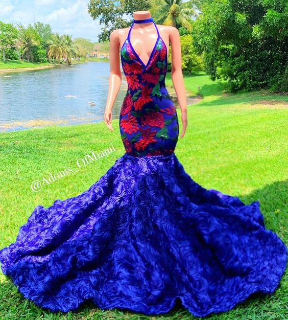 V-Neck Navy Blue Flowers Mermaid Prom Dress