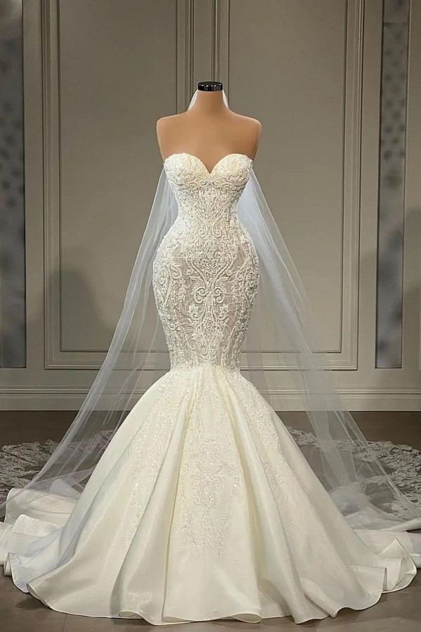 Sexy Long Mermaid Heart-Neck Lace Wedding Dress