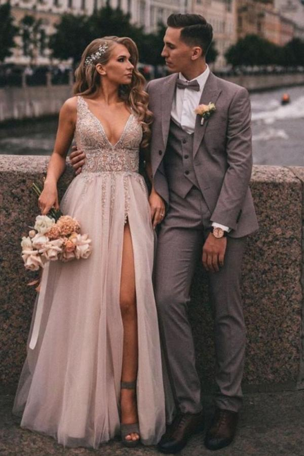 Boho Long V-Neck Tulle Wedding Dress with Side Slit and Lace