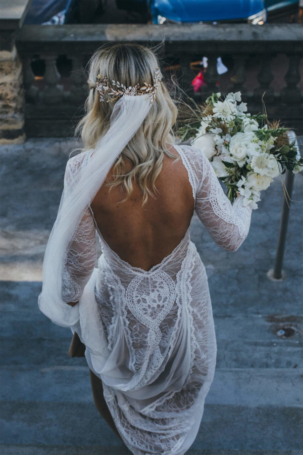 Elegant Boho Long Sleeve Backless Lace Beach Wedding Dress | Simple Summer Casual Bridal Gown