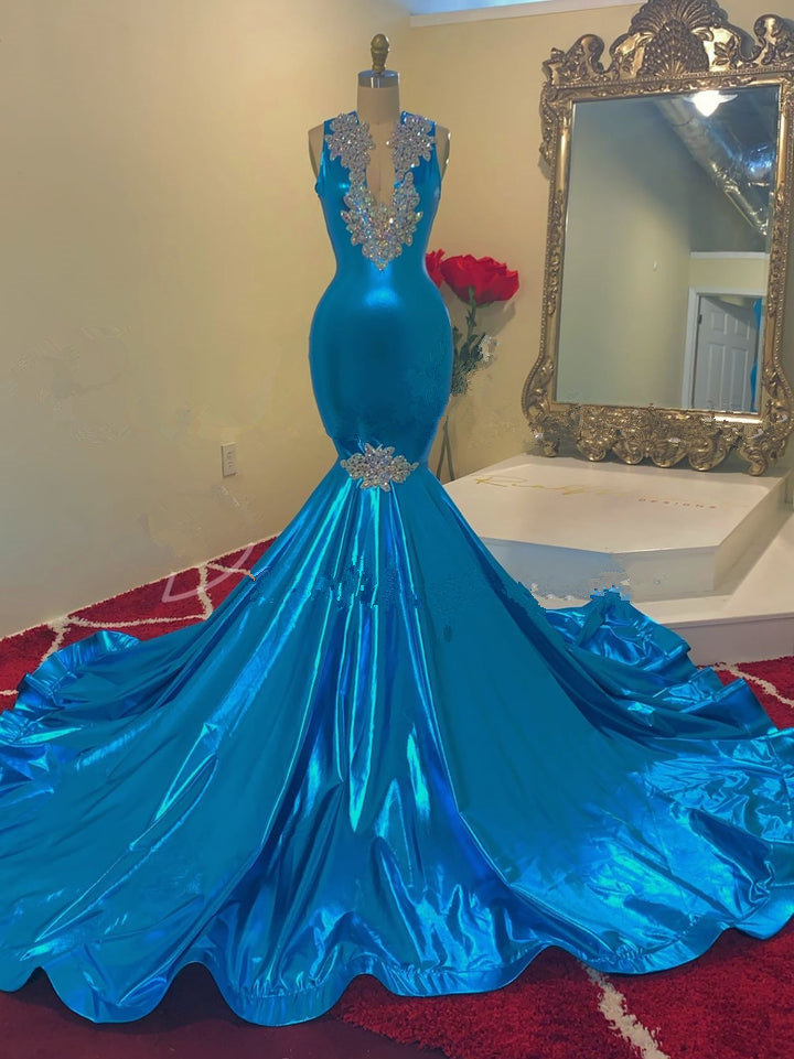Hot Sleeveless Blue Mermaid Sparkle Prom Dress