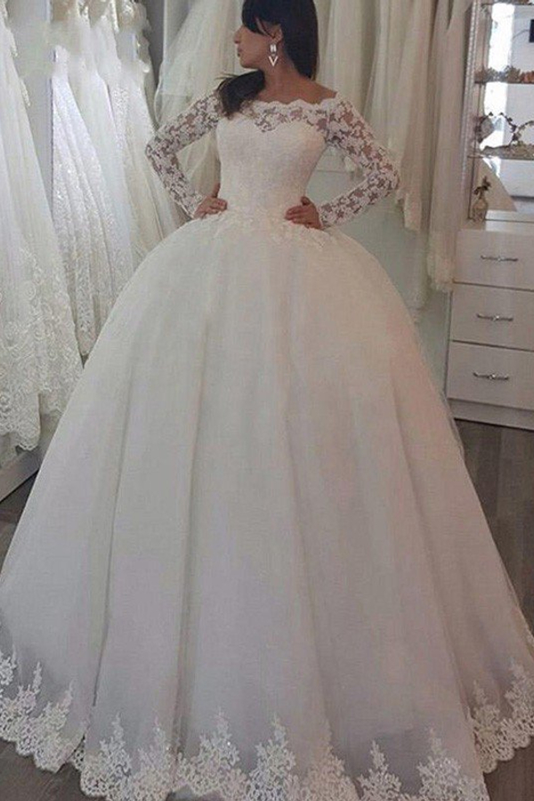 Sweep Train Applique Ball Gown Off-Shoulder Lace Long Sleeve Wedding Dress