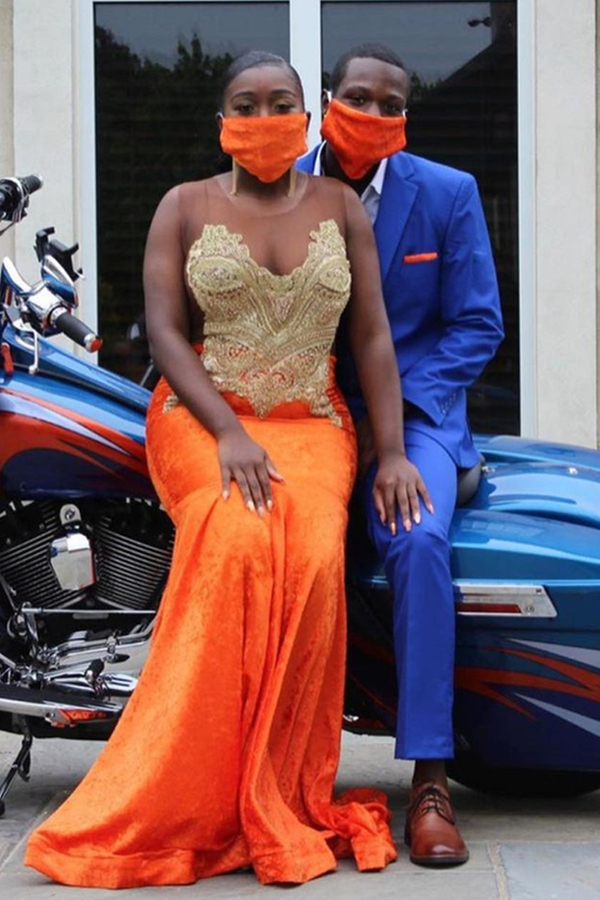 Bright Orange Sweetheart Appliqués Mermaid Evening Maxi Dress | Crew Neck Prom Dress