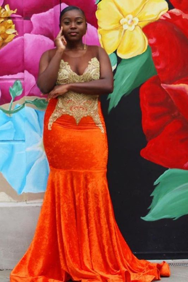 Bright Orange Sweetheart Appliqués Mermaid Evening Maxi Dress | Crew Neck Prom Dress