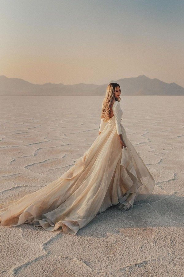 Designer A-Line Long Train Belted Sleeve Wedding Dress