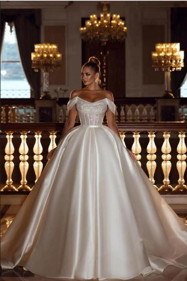Luxurious Off-Shoulder Glitter Sequin Ball Gown Wedding Dress