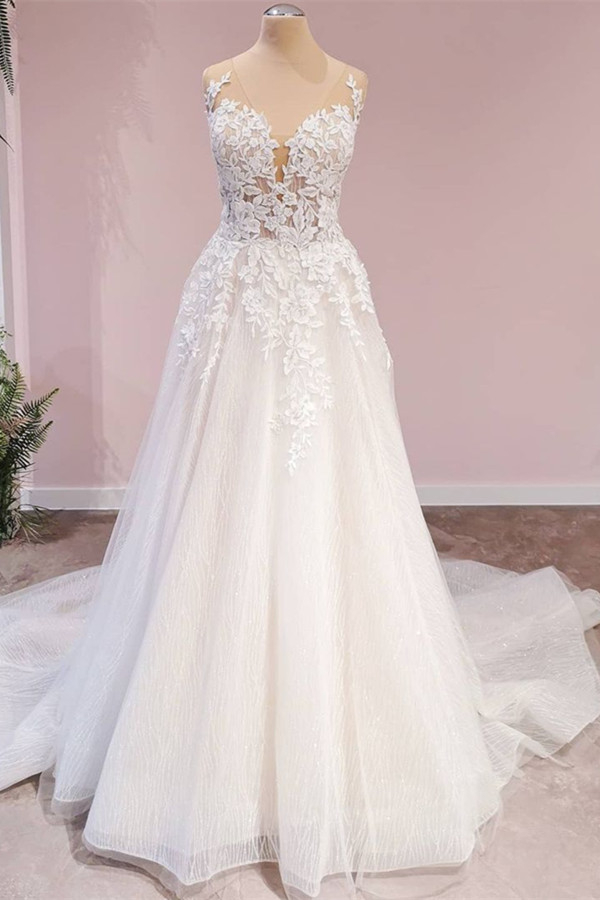 Sleeveless A-Line Wedding Dress with Floral Lace Appliques and V-Neck
