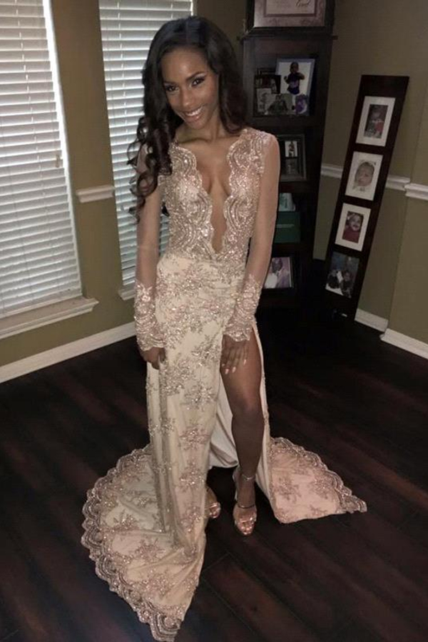 Tulle Long Sleeves Evening Gown | Beaded Sheath Appliques Prom Dress | Sexy