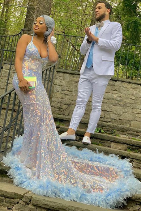 White V-Neck Sexy Mermaid Prom Dress with Feathers