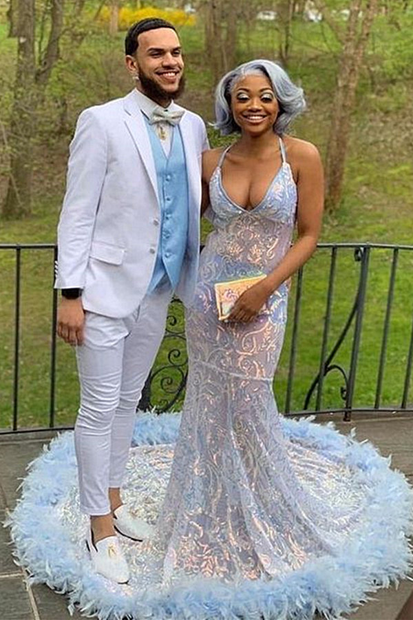 White V-Neck Sexy Mermaid Prom Dress with Feathers