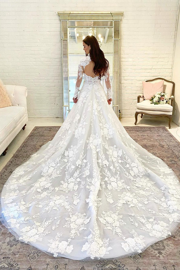 Floral Lace A-Line Long Sleeve Floor-Length Wedding Dress