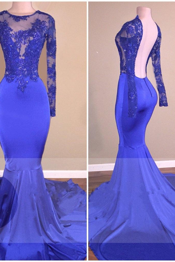 Mermaid Shiny Open Back Evening Gown | Sheer Royal Blue Long Sleeve Prom Dress