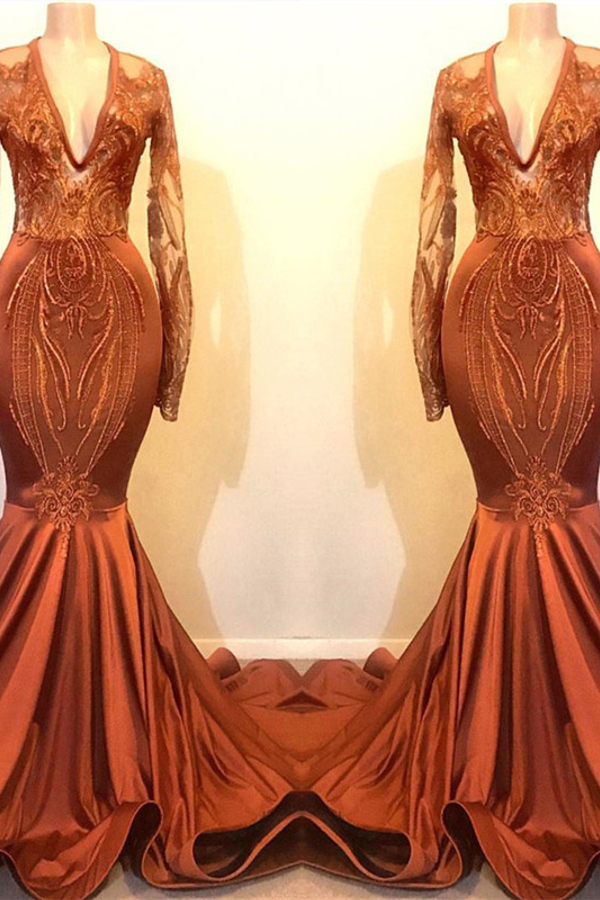 Dust Orange Mermaid Prom Dress with Sleeves | V-Neck Lace Appliqués Evening Dress