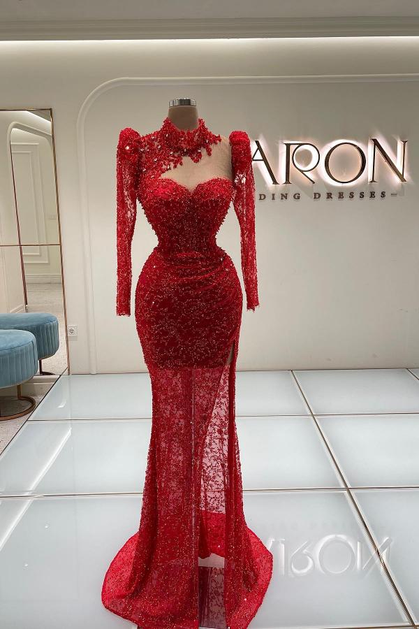 Red Long Glitter Evening Dresses | Prom Dresses with Sleeves