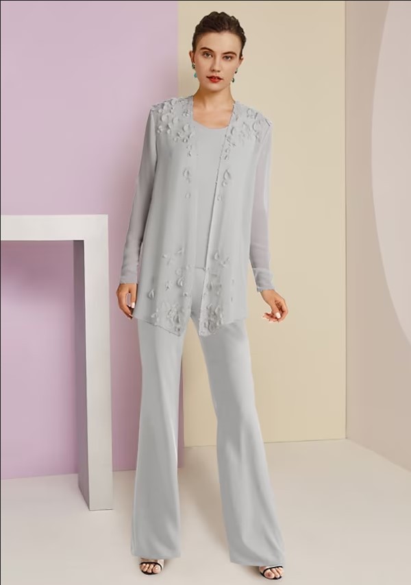 Silver Chiffon 3-Piece Suit Mother of the Bride Dress with Jacket