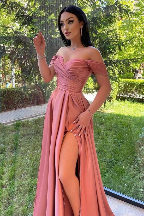 Off-the-Shoulder Ruched Satin Long Evening Party Dress | Side Split