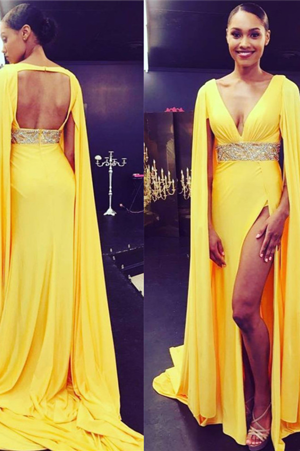 Deep V-Neck Open Back Evening Dress | Yellow Slit Formal Dress with Cape