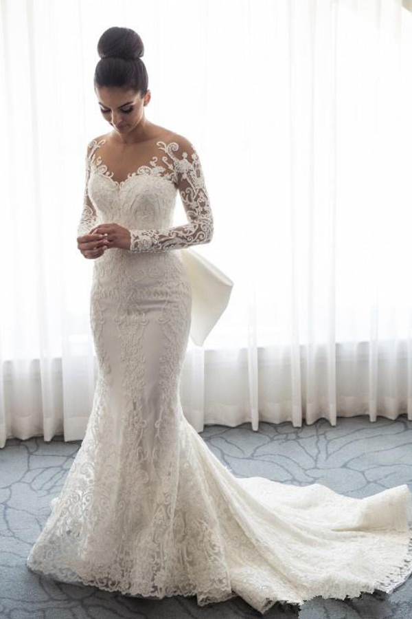 Gorgeous Mermaid Lace Wedding Dress with Sleeves and Bowknot Detachable Overskirt