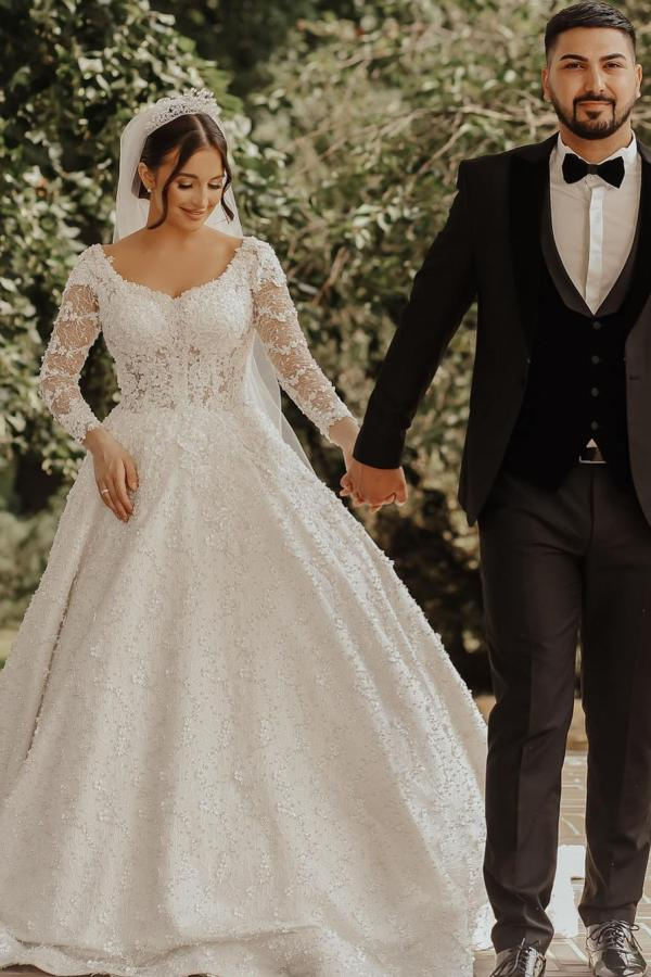 Gorgeous White A-Line Long Sleeve 3D Floral Lace Wedding Dress