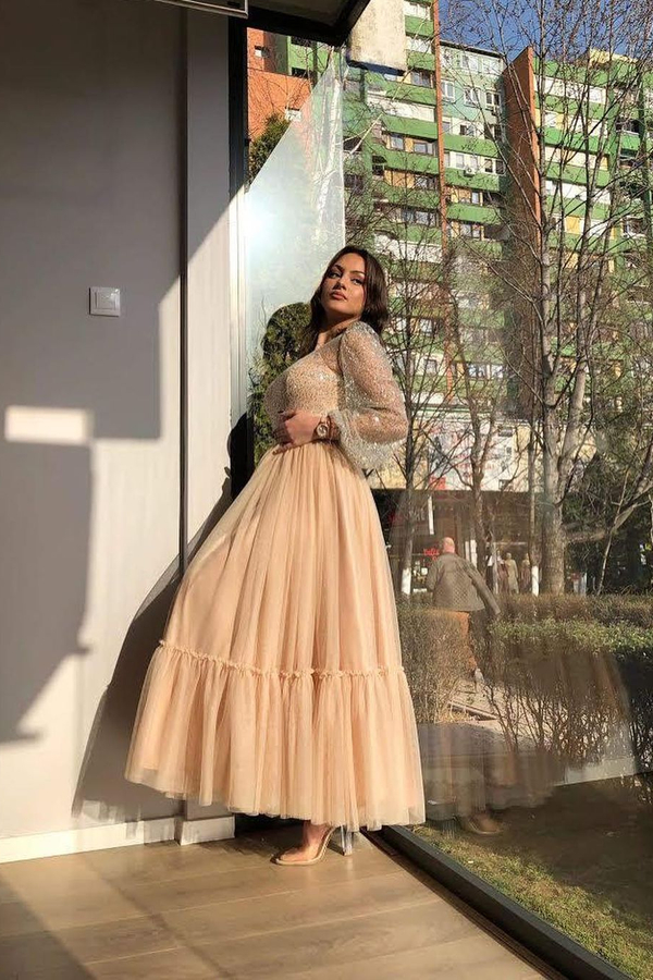 Chic Bubble Sleeves Tulle A-line Party Dress Daily Wear Dress