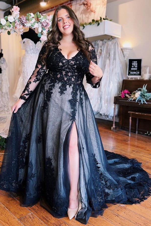 Vintage Wedding Dresses with Sleeves | Black Wedding Dresses A Line Lace