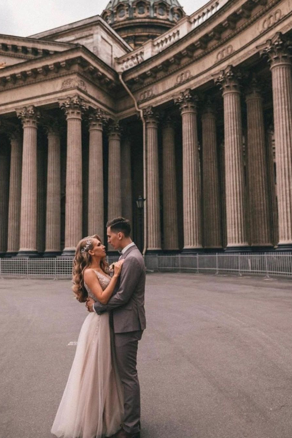 Boho Long V-Neck Tulle Wedding Dress with Side Slit and Lace